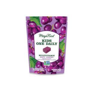 megafood kids one daily multivitamin soft chews - kids vitamins with vitamin b, vitamin c, vitamin d & vitamin e - age 4+, vegetarian, made without 9 food allergens - grape flavor - 30 chews