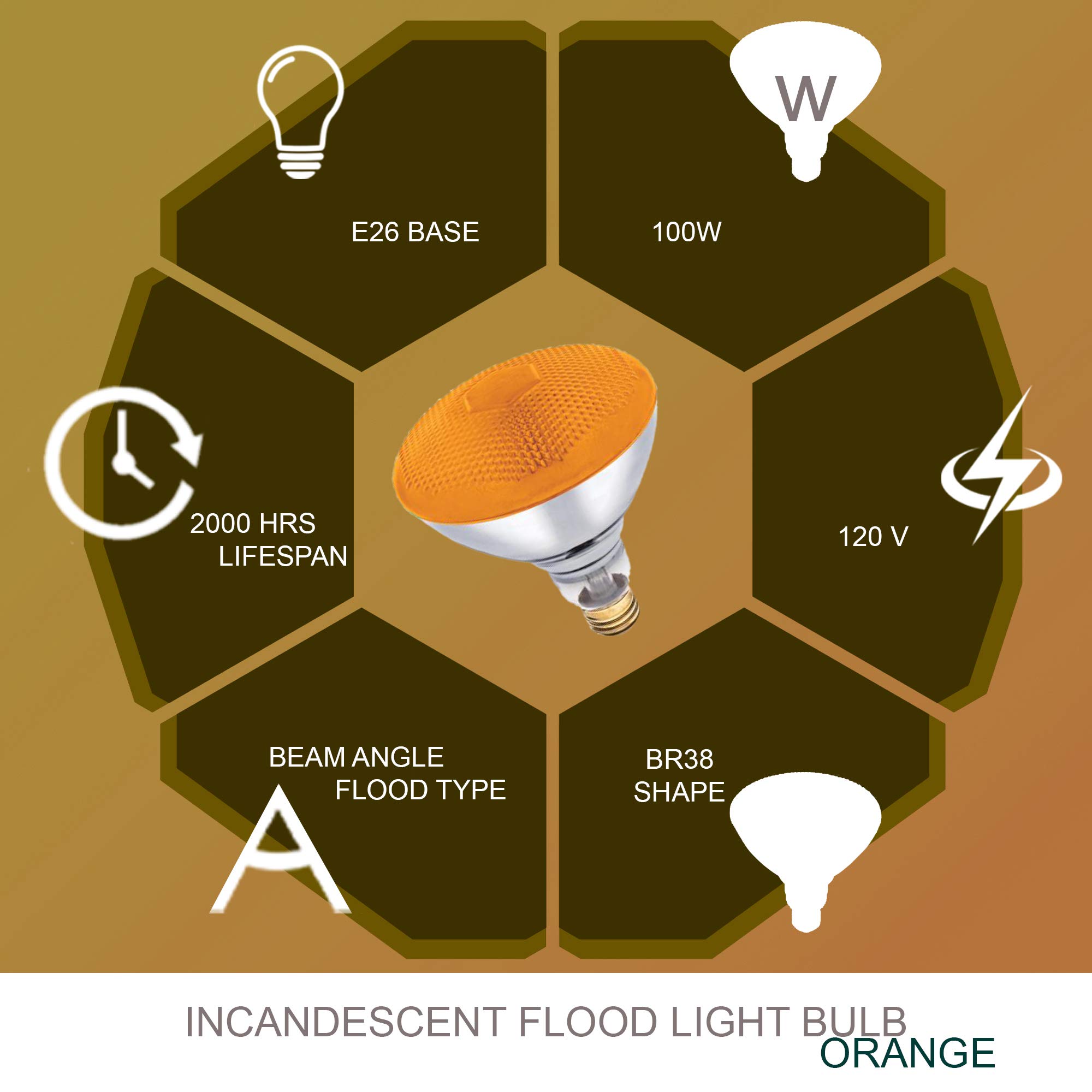 Dysmio Lighting 100 Watt 120 Volt Flood BR38 E26 Incandescent Light Bulb Amber 2 Pack