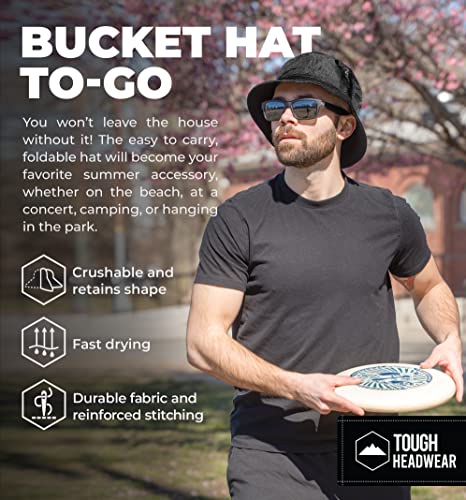 Tough Headwear Bucket Hat for Men & Women - UPF50+ Sun Protection - Foldable Beach Hat - Black