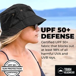 Tough Headwear Bucket Hat for Men & Women - UPF50+ Sun Protection - Foldable Beach Hat - Black