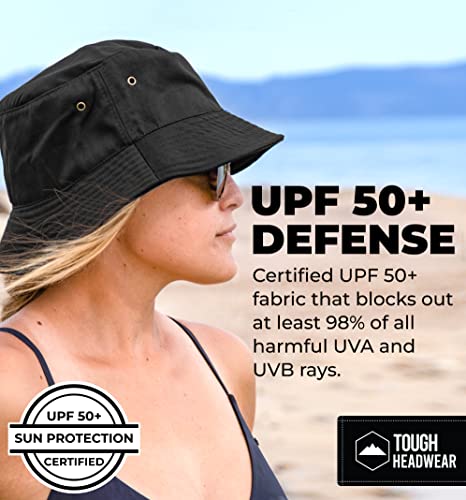 Tough Headwear Bucket Hat for Men & Women - UPF50+ Sun Protection - Foldable Beach Hat - Black