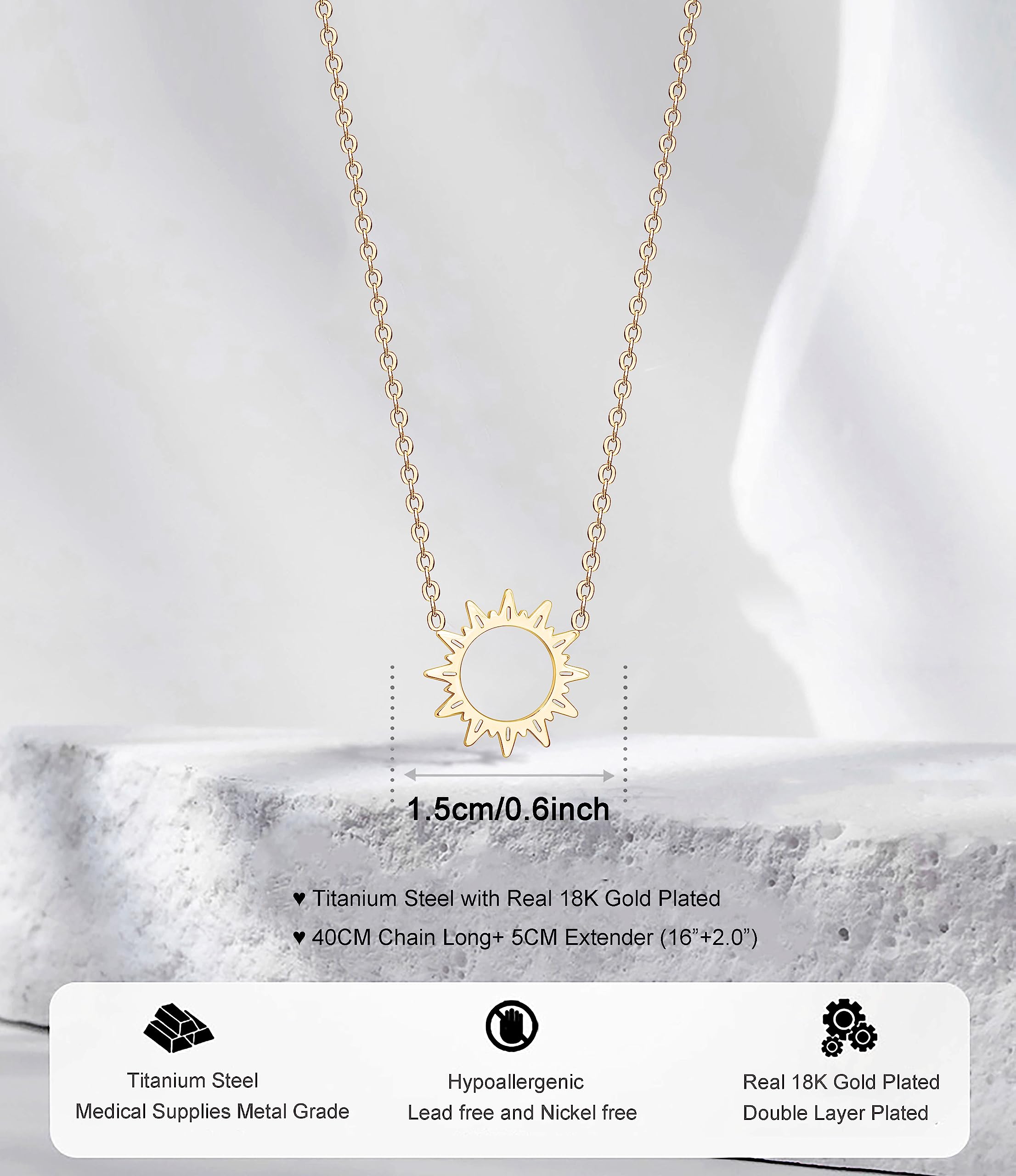 KristLand - 18k Gold Plated Dainty Layered Sun Necklace Pendant Short Cactus Choker Chain, Circle Layering Necklace,Star Handmade Gold Simple Necklace for Women A Sunshine Gold Color