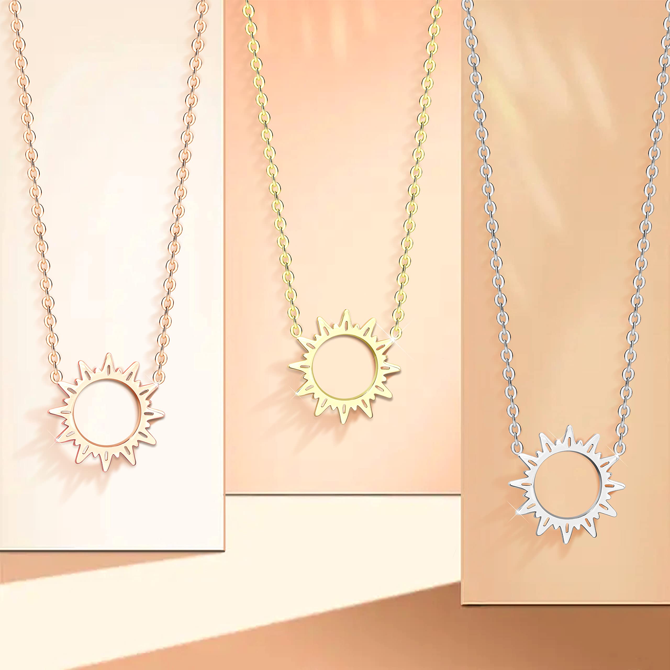 KristLand - 18k Gold Plated Dainty Layered Sun Necklace Pendant Short Cactus Choker Chain, Circle Layering Necklace,Star Handmade Gold Simple Necklace for Women A Sunshine Gold Color