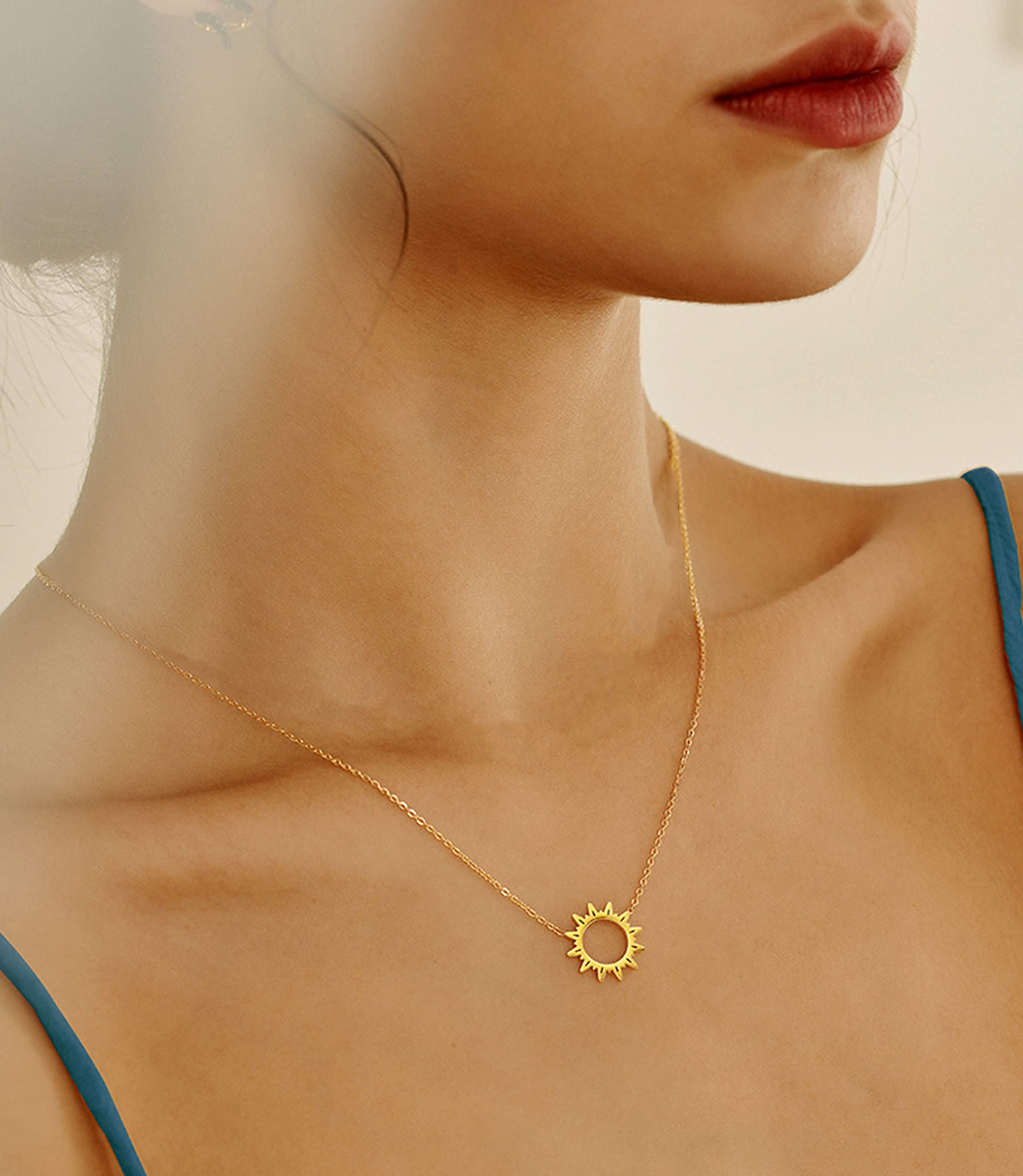 KristLand - 18k Gold Plated Dainty Layered Sun Necklace Pendant Short Cactus Choker Chain, Circle Layering Necklace,Star Handmade Gold Simple Necklace for Women A Sunshine Gold Color