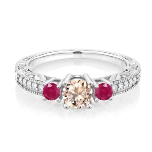 gem stone king 925 sterling silver round peach morganite and red ruby engagement ring for women (0.84 cttw, gemstone birthstone, available in size 5, 6, 7, 8, 9)