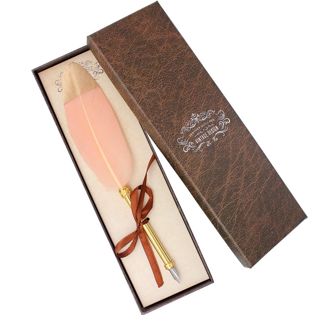 Gullor Vintage Feather Quill Pen, Nuture Feather Dip Pen with Gift Box, Pink