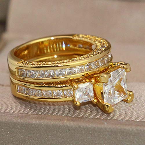 ringheart Couple Rings Three stone Yellow Gold Filled Princess cut Cz Womens Wedding Ring Sets Titanium Wedding Band