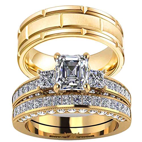 ringheart Couple Rings Three stone Yellow Gold Filled Princess cut Cz Womens Wedding Ring Sets Titanium Wedding Band