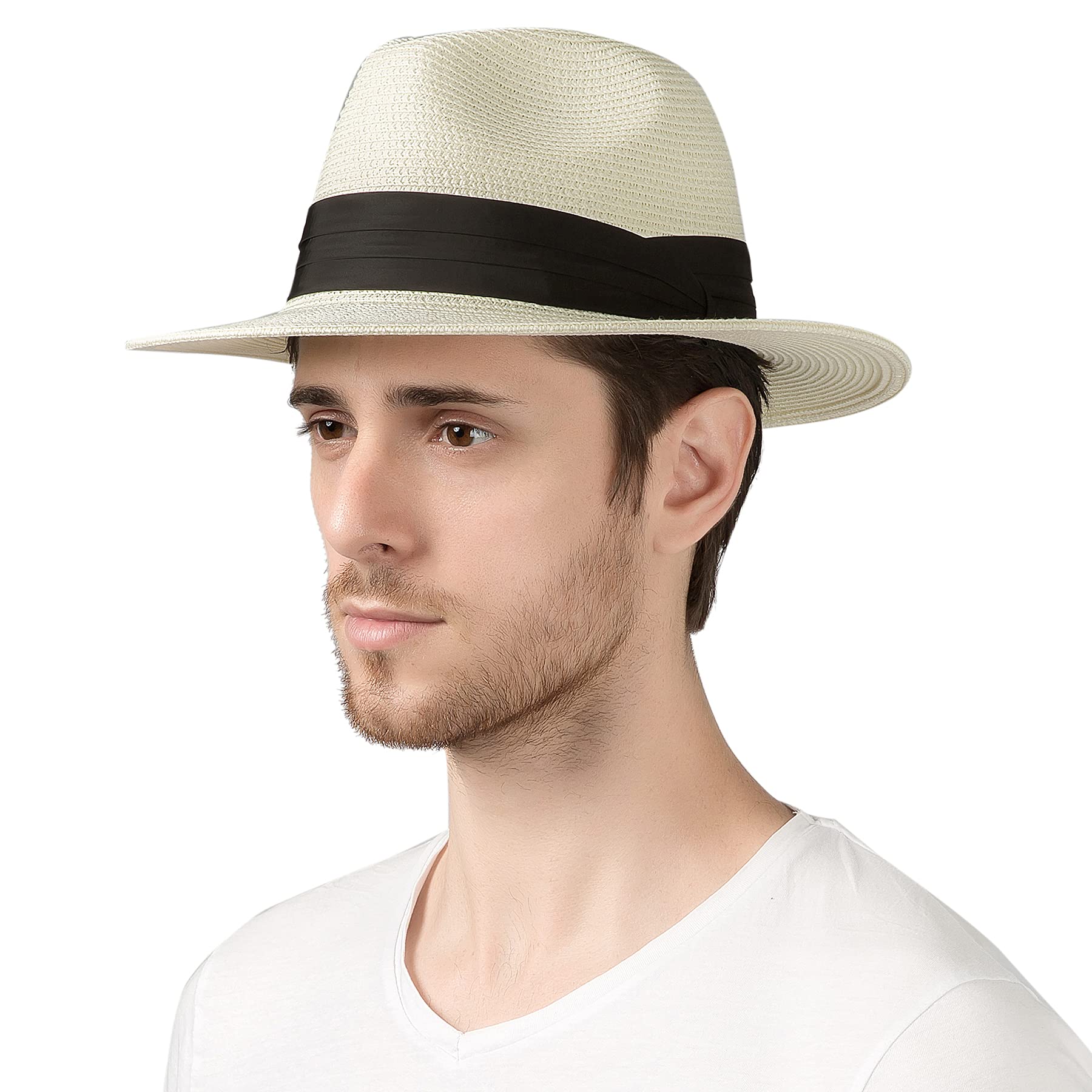 Lanzom Summer Beach Sun Hats for Men Women Foldable Travel Packable Staw Hat, Wide Brim Hat (Style B-Ivory White, Large Size:Fit for 23"-23.6")