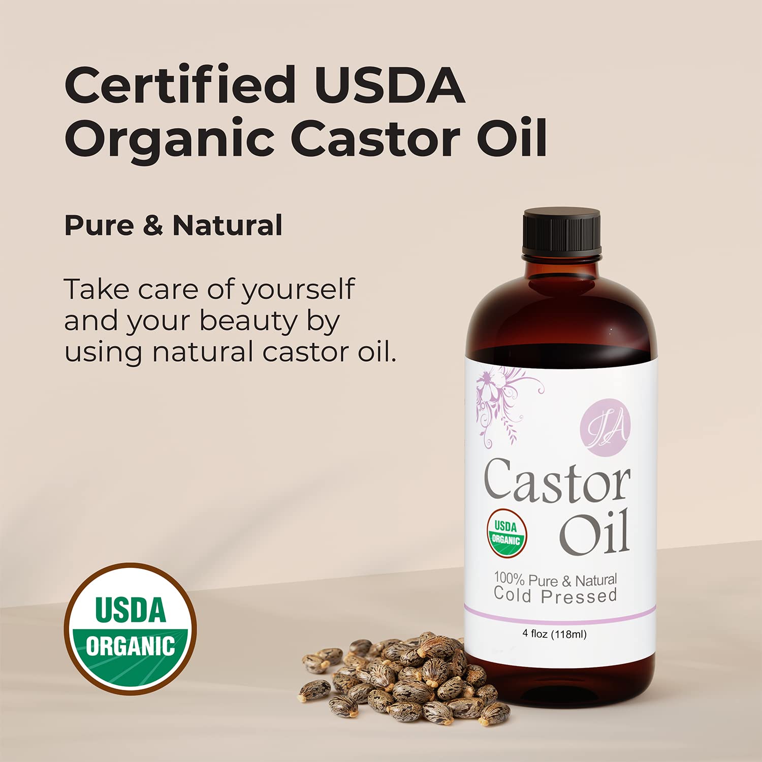 Healing Solutions Oils - 4 oz Castor Oil Organic Cold Pressed Unrefined Glass Bottle - Natural Organic Castor Oil for Face - 118 ml - Castor Oil for Hair and Skin - Facial Castor Oil