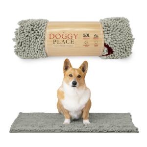 my doggy place microfiber dog mat for muddy paws, 31" x 20" light gray with paw print - absorbent and quick-drying dog paw cleaning mat, washer and dryer safe - non-slip rubber backed pet mat, medium