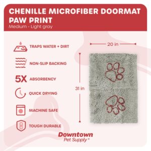 My Doggy Place Microfiber Dog Mat for Muddy Paws, 31" x 20" Light Gray with Paw Print - Absorbent and Quick-Drying Dog Paw Cleaning Mat, Washer and Dryer Safe - Non-Slip Rubber Backed Pet Mat, Medium