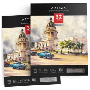 arteza watercolor paper, pack of 2, 32 sheets each, 11x14 inches watercolor sketchbook, 140lb/300gsm, cold press, acid free art paper