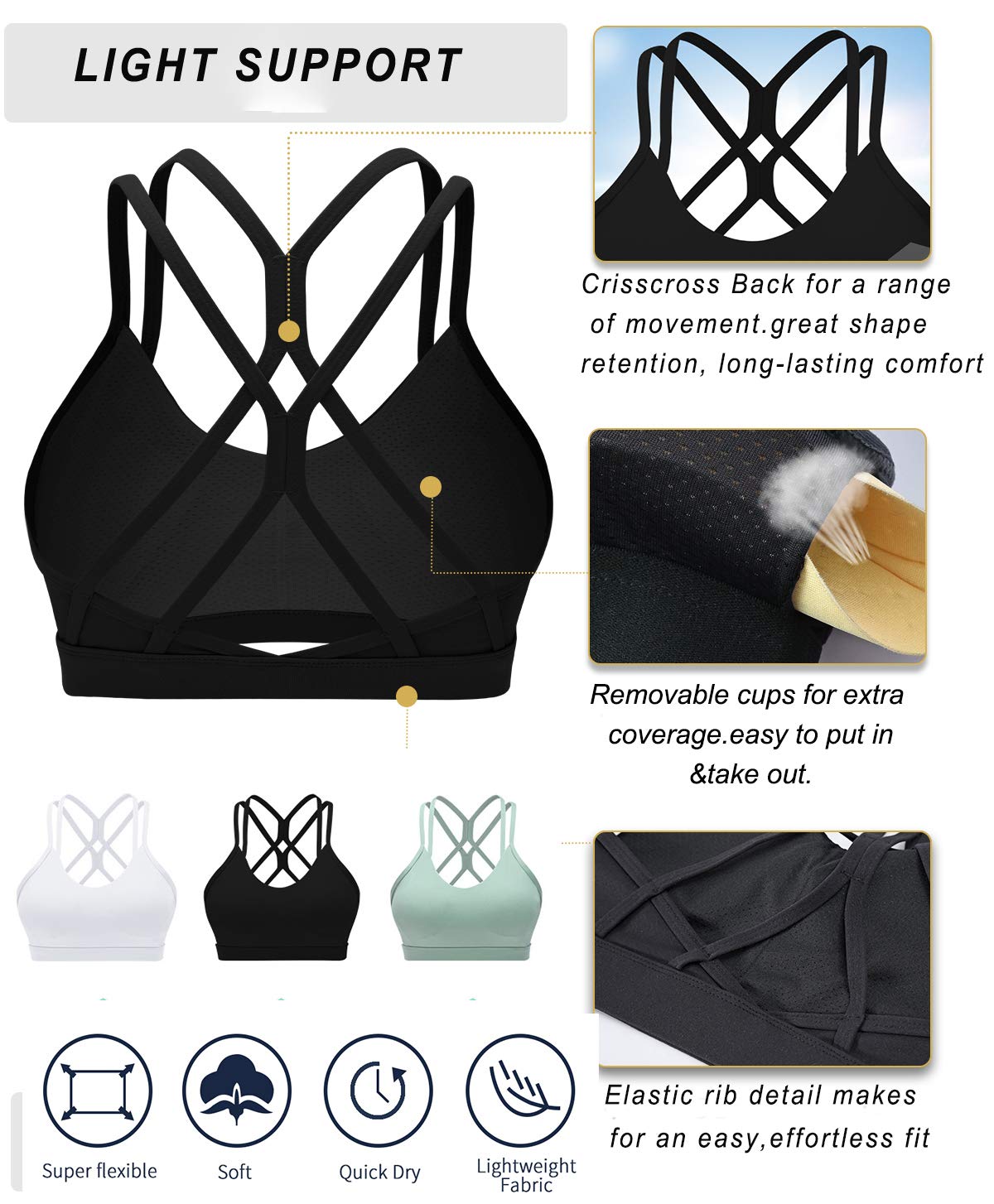 RUNNING GIRL Strappy Sports Bra for Women Sexy Crisscross Back Light Support Yoga Bra with Removable Cups (Black, CN:L/US:M【Fit for 34D 34C 36B 36A】)