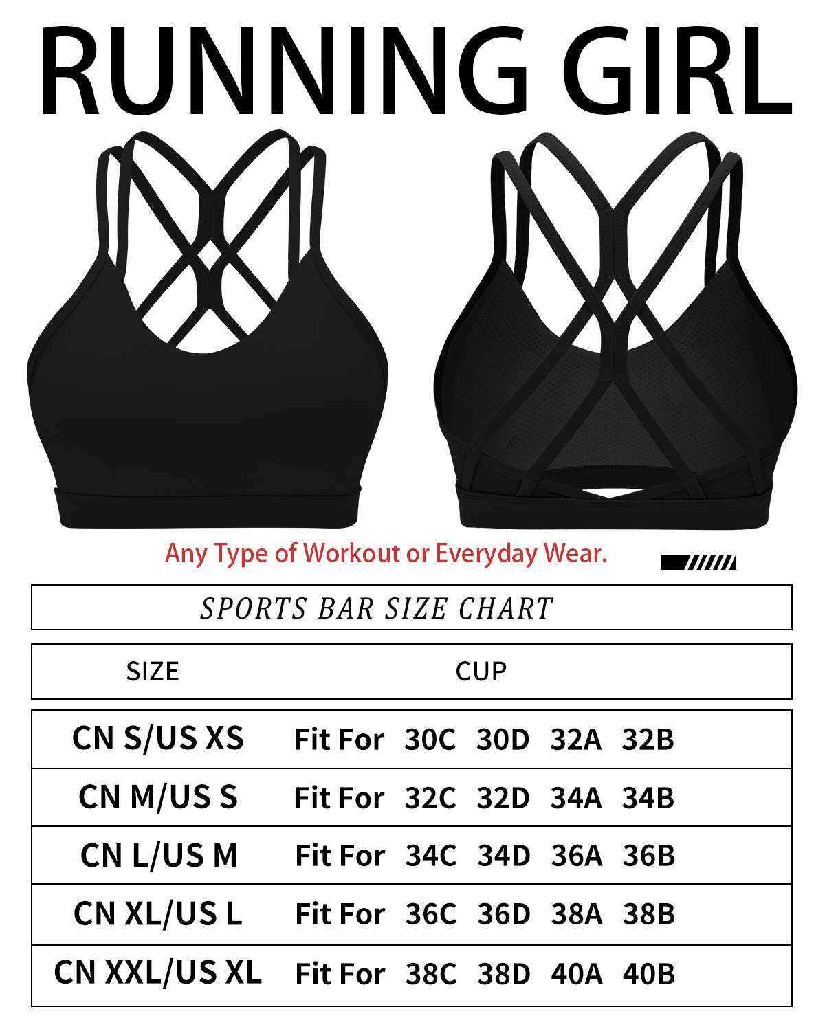 RUNNING GIRL Strappy Sports Bra for Women Sexy Crisscross Back Light Support Yoga Bra with Removable Cups (Black, CN:L/US:M【Fit for 34D 34C 36B 36A】)