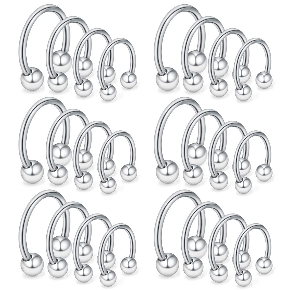 Ruifan 24PCS 16G Surgical Steel Nose Septum Horseshoe Earring Eyebrow Tongue Lip Nipple Helix Tragus Piercing Rings Jewelry 6mm 8mm 10mm 12mm Silver