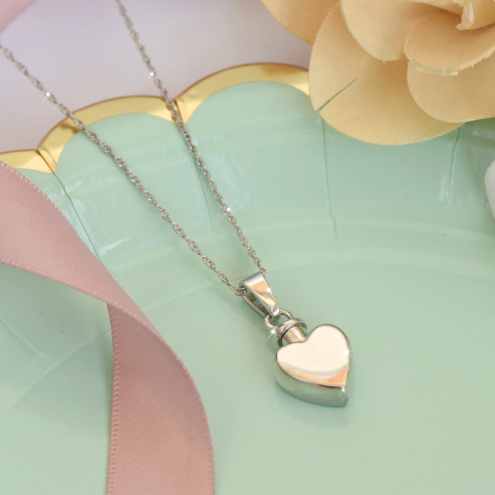 925 Sterling Silver Heart Urn Necklace Simple Blank Always in My Heart Ashes Cremation Jewelry Memorial Keepsake Pendant with Funnel Kit