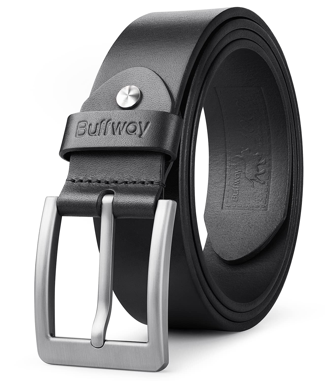 Buffway Minimalist 1.5" Full Grain Leather Belts for Men with Metal Buckle, Heavy Duty Mens Casual Belts in Gift Box- 38” Black