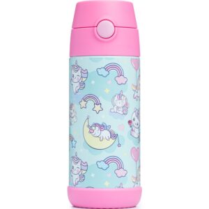 Snug Kids Water Bottle - insulated stainless steel thermos with straw (Girls/Boys) - Unicorn, 500ml