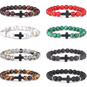 YADOCA 8 Pcs 8MM Beads Bracelet for Men Women Lava Rock Tiger Eye Stone Howlite Natural Stone Stretch Elastic Cross Bracelet Set