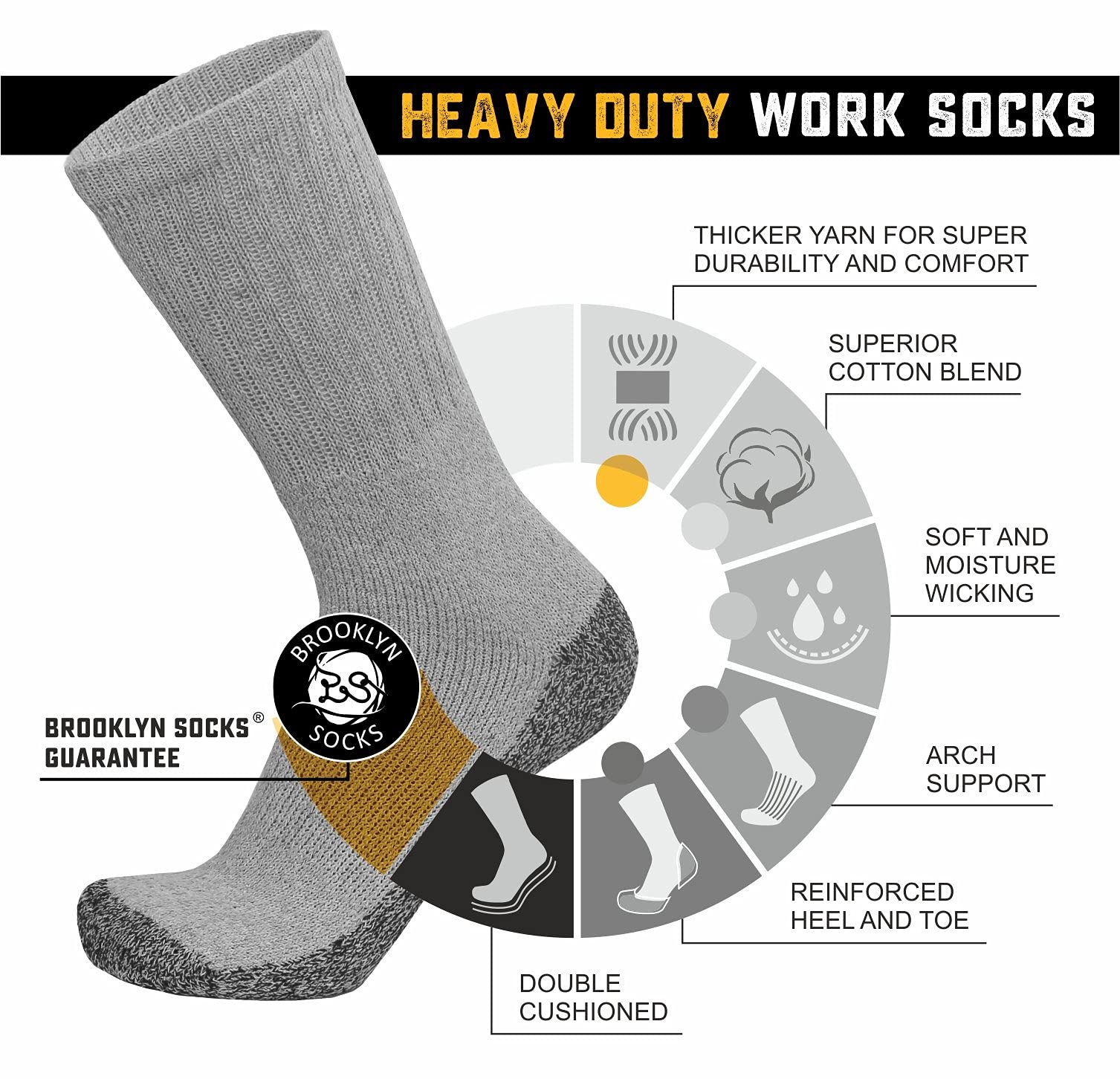 6 Pairs Mens Heavy Duty Steel Toe Work Crew Socks (Gray, US Shoe Size 9-12)