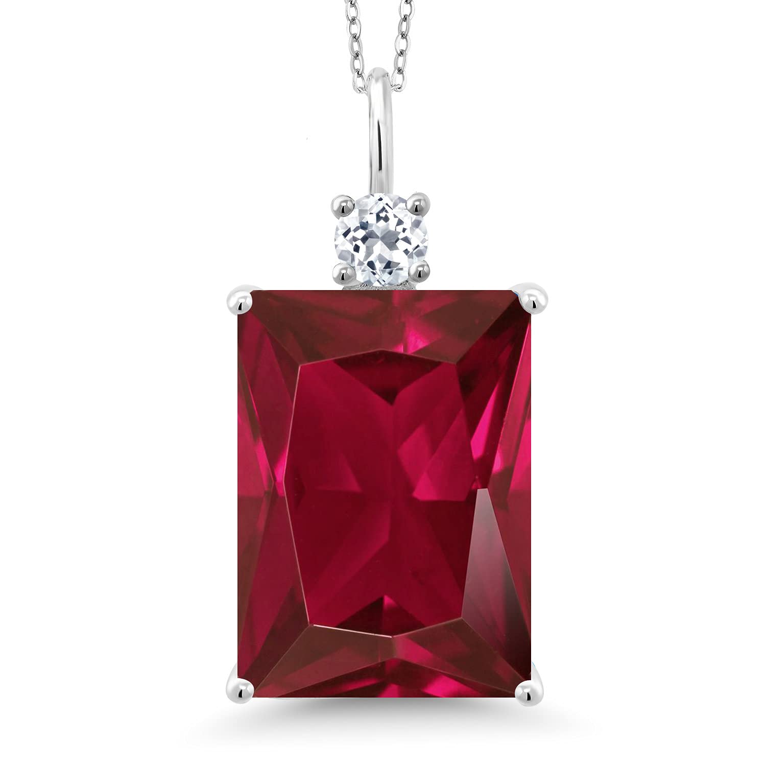 Gem Stone King 925 Sterling Silver Red Created Ruby and White Topaz Pendant Necklace For Women (20.33 Cttw, Emerald Cut 18X13MM, With 18 Inch Silver Chain)