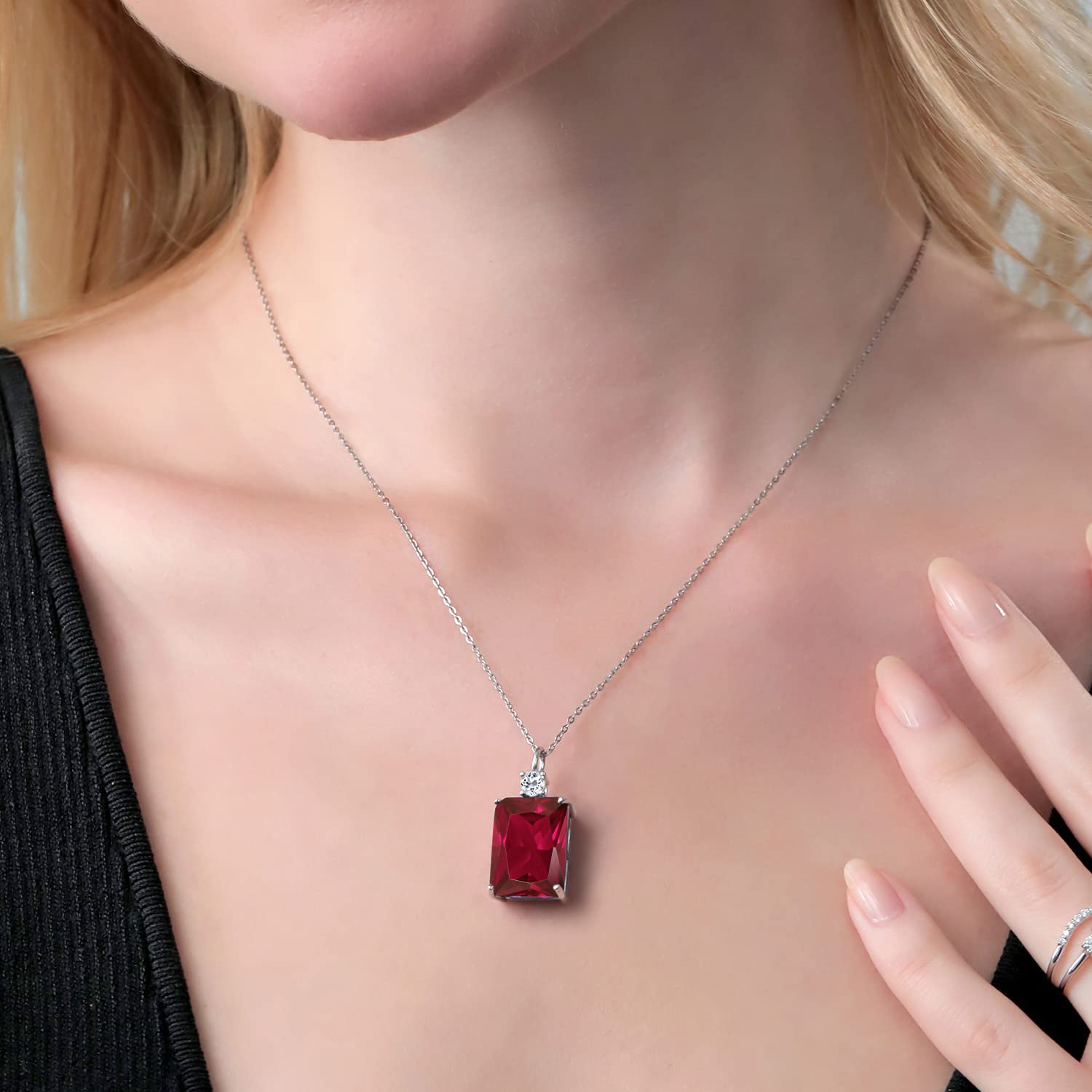 Gem Stone King 925 Sterling Silver Red Created Ruby and White Topaz Pendant Necklace For Women (20.33 Cttw, Emerald Cut 18X13MM, With 18 Inch Silver Chain)