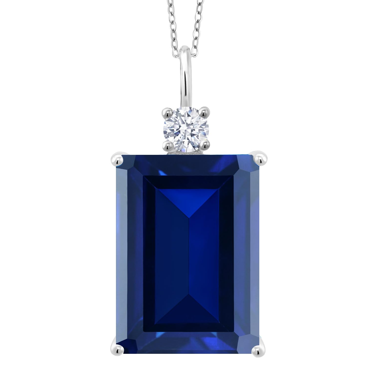 Gem Stone King 17.50 Cttw Blue Created Sapphire Pendant Necklace For Women In 925 Sterling Silver | Emerald Cut 18X13MM | With 18 Inch Silver Chain