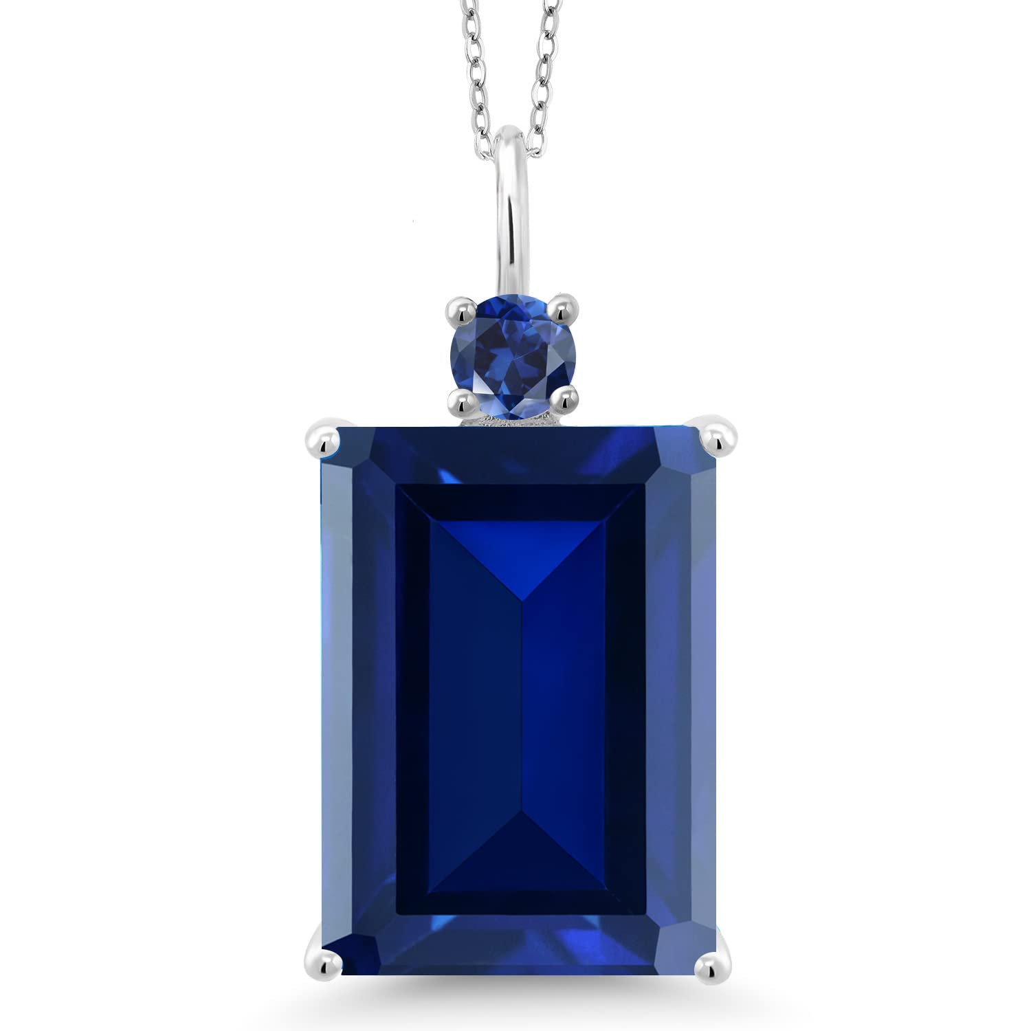 Gem Stone King 925 Sterling Silver Blue Created Sapphire Pendant Necklace For Women (17.75 Cttw, Emerald Cut 18X13MM, With 18 Inch Silver Chain)