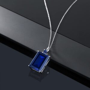 Gem Stone King 925 Sterling Silver Blue Created Sapphire Pendant Necklace For Women (17.75 Cttw, Emerald Cut 18X13MM, With 18 Inch Silver Chain)