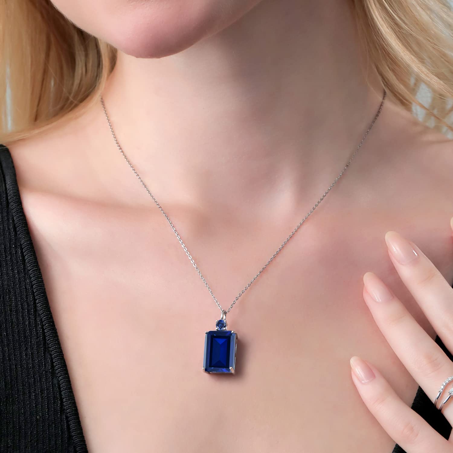 Gem Stone King 925 Sterling Silver Blue Created Sapphire Pendant Necklace For Women (17.75 Cttw, Emerald Cut 18X13MM, With 18 Inch Silver Chain)