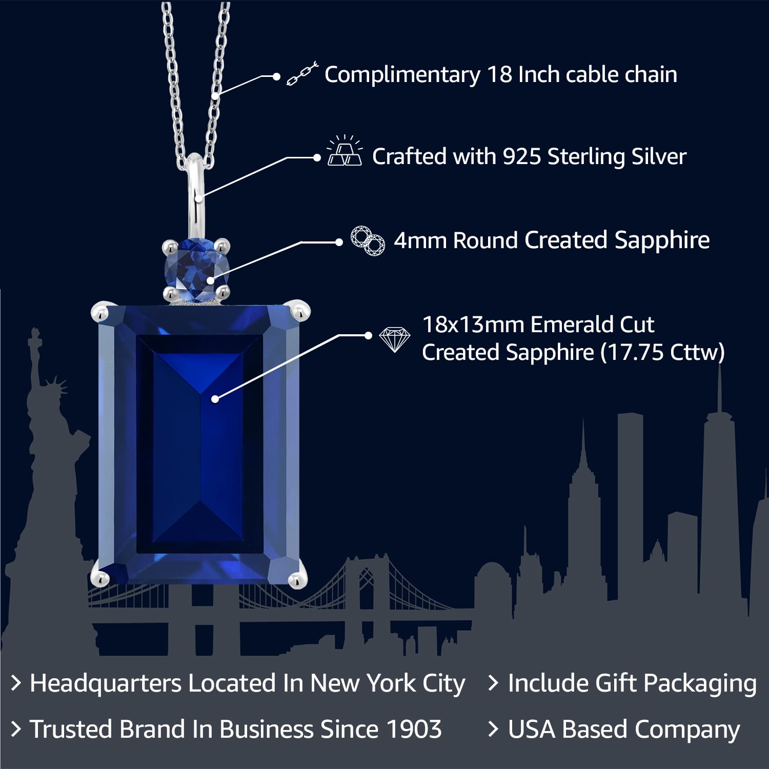 Gem Stone King 925 Sterling Silver Blue Created Sapphire Pendant Necklace For Women (17.75 Cttw, Emerald Cut 18X13MM, With 18 Inch Silver Chain)