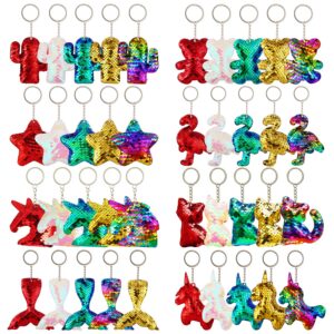 trounistro 40 pieces sequin keychain hanging key chain with mermaid tail unicorn pony cat star flamingo cub cactus shape keychains for kids girls party favor - 8 styles