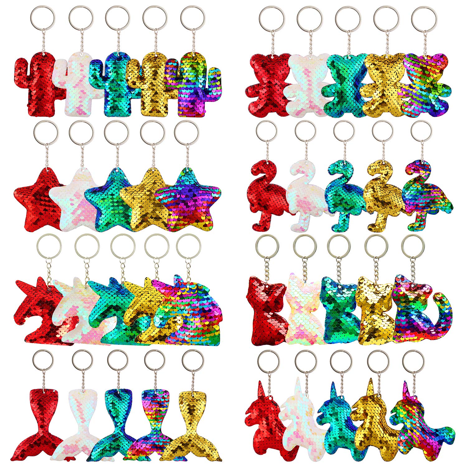 Trounistro 40 Pieces Sequin Keychain Hanging Key Chain with Mermaid Tail Unicorn Pony Cat Star Flamingo Cub Cactus Shape keychains for Kids Girls Party favor - 8 Styles