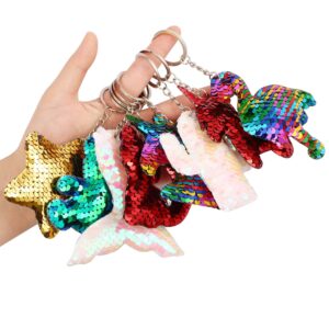 Trounistro 40 Pieces Sequin Keychain Hanging Key Chain with Mermaid Tail Unicorn Pony Cat Star Flamingo Cub Cactus Shape keychains for Kids Girls Party favor - 8 Styles