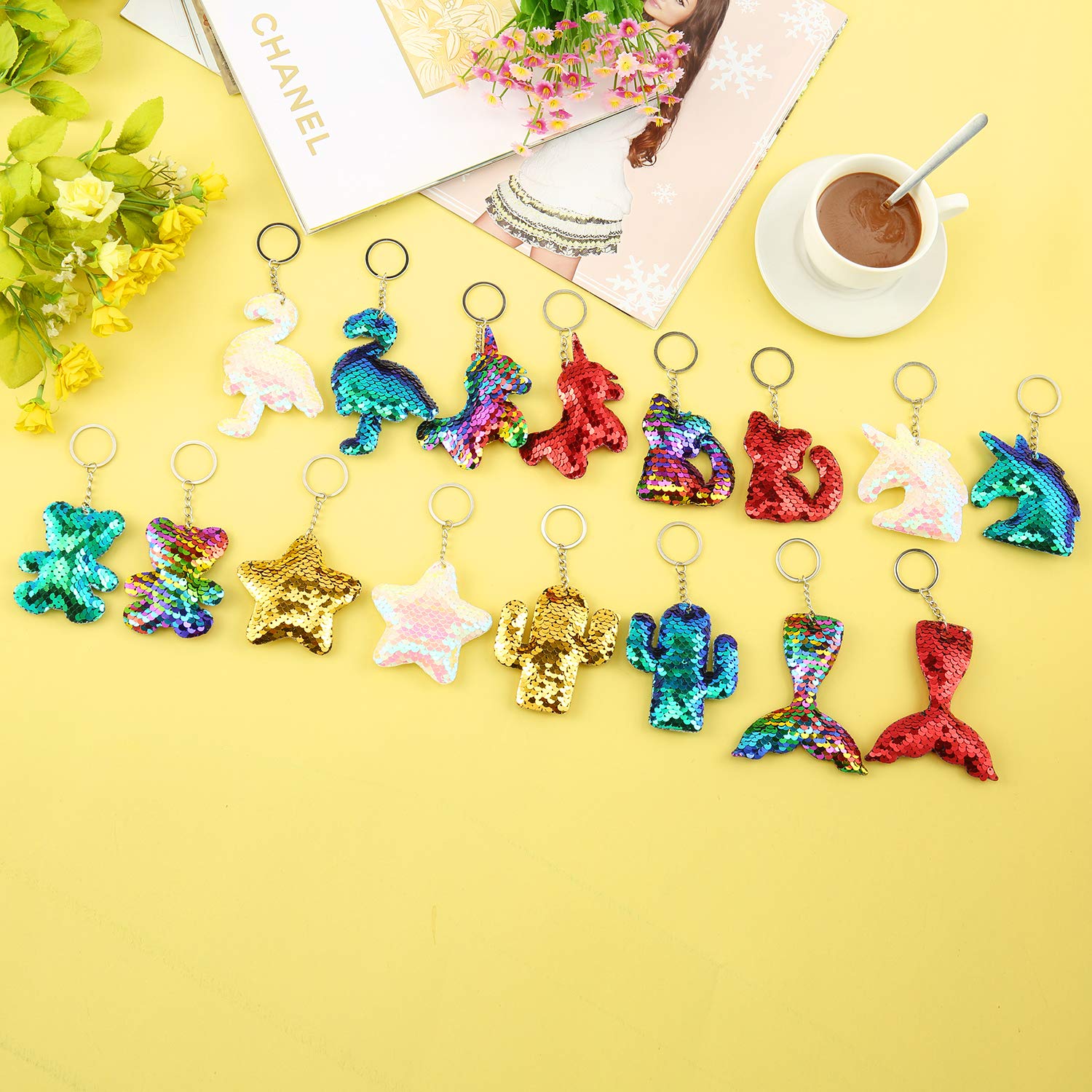 Trounistro 40 Pieces Sequin Keychain Hanging Key Chain with Mermaid Tail Unicorn Pony Cat Star Flamingo Cub Cactus Shape keychains for Kids Girls Party favor - 8 Styles