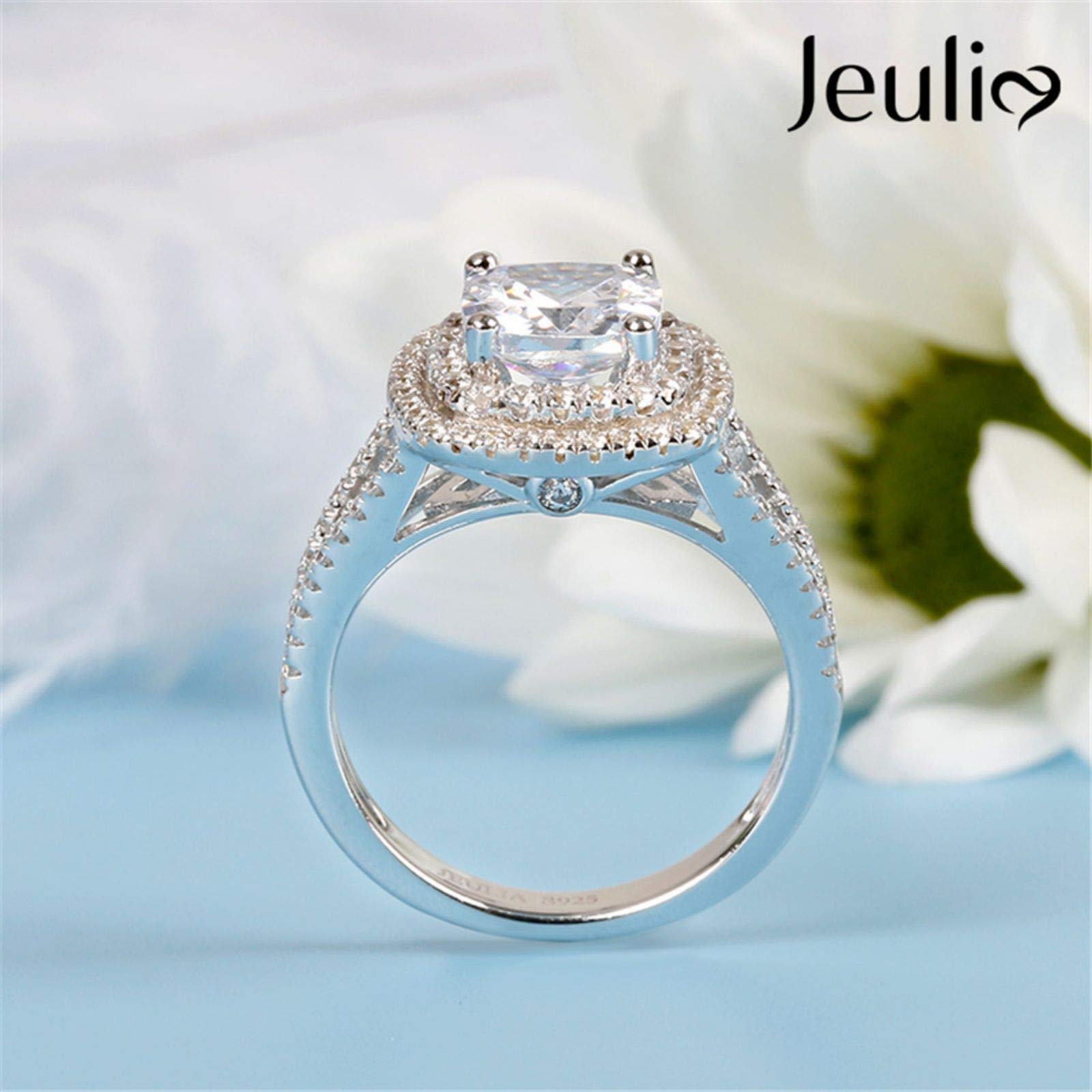 Jeulia Brilliant Diamond Band Rings for Women Halo Split Shank Cushion Cut 925 Sterling Silver Ring Wedding Engagement Anniversary Promise Ring Bridal Sets (8.0(U.S))