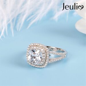 Jeulia Brilliant Diamond Band Rings for Women Halo Split Shank Cushion Cut 925 Sterling Silver Ring Wedding Engagement Anniversary Promise Ring Bridal Sets (8.0(U.S))