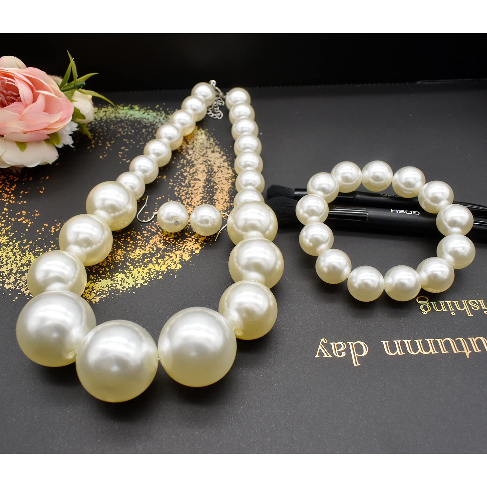 utop JNF Hand made Pearl Statement Necklace for Women Rhinestone Multilayer Crystal Necklaces Chunky Pearl Necklace Large Pearl Necklace and Earrings Set for Mother Mom's gift