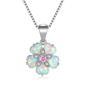 cinily flower opal pendant necklace box chain 18k white gold plated pink topaz zircon opal jewelry for women, gemstone necklaces lovers birthday friendship jewelry