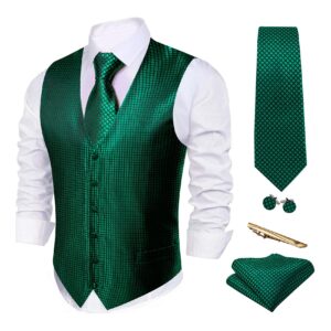 barry.wang men emerald green plaid waistcoat with tie cufflinks pocket square vest set wedding christmas st. patrick's day