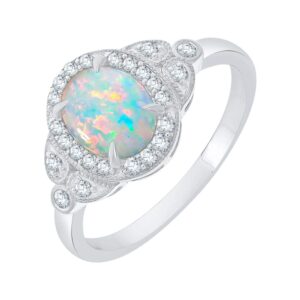 KATARINA Diamond and Oval Cut Opal Fashion Ring in Sterling Silver (1 cttw, J-K, SI2-I1) (Size-6)