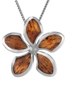 925 sterling silver koa wood plumeria flower necklace pendant with 18" box chain, nickle-free hypoallergenic for sensitive skin, hawaiian jewelry for women (pointed petals)