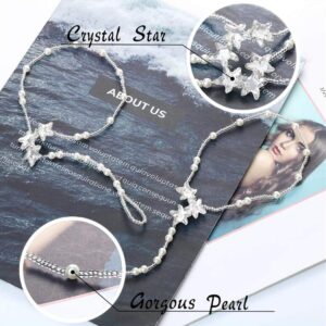 Nicute Boho Pearl Barefoot Sandals Anklet Rhinestone Silver Star Anklet Chain Wedding Summer Beach Foot Chain Jewelry for Women (2 Pieces)