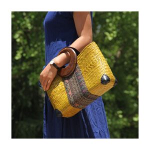 QTKJ Women Summer Retro Straw Bag with Printing Pattern Hand-woven Beach Handbag Top Round Handle Boho Tote Bag Shopping Travel Large Bag (Yellow 2)