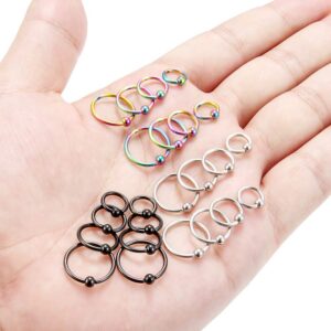 Ftovosyo Tragus Hoop Earrings Surgical Steel 16g Captive Bead Ring Lip Septum Hoops Body Piercing Jewelry for Women Men 24 Pieces 6mm 8mm 10mm 12mm Silver-tone Rainbow Black