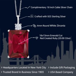 Gem Stone King 20.00 Cttw Red Created Ruby Pendant Necklace For Women In 925 Sterling Silver | Emerald Cut 18X13MM | With 18 Inch Silver Chain