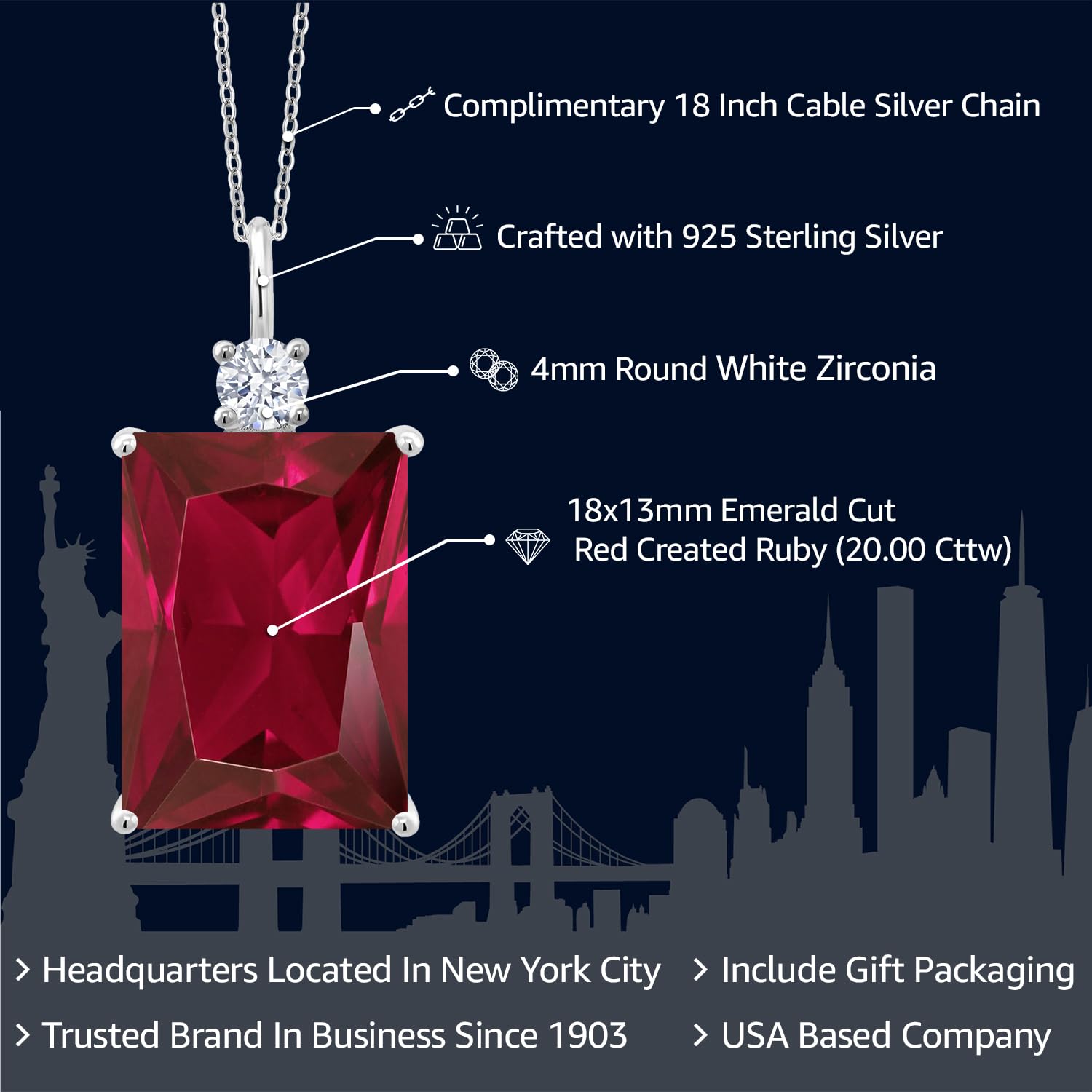 Gem Stone King 20.00 Cttw Red Created Ruby Pendant Necklace For Women In 925 Sterling Silver | Emerald Cut 18X13MM | With 18 Inch Silver Chain