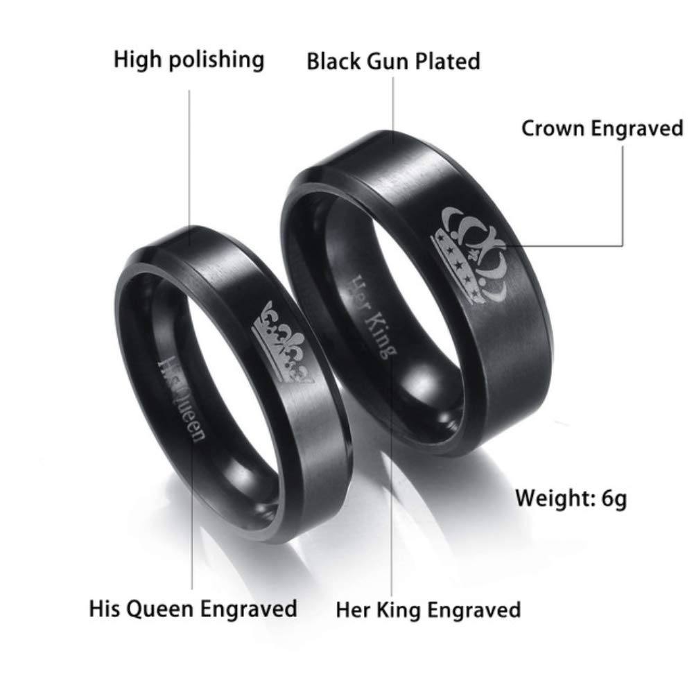 2PCS Black Her King and His Queen Crown Ring Set for Couples His Hers Stainless Steel Matching Promise Engagement Wedding Bands Comfort Fit