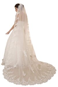 elliehouse women's wedding veils 1 tier white ivory 3m/4m/5m lace long train bridal veil with comb ivory 3m